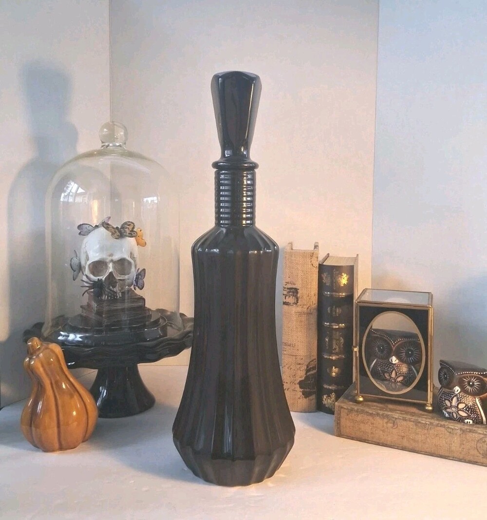 NWT! Black Glass Decanter Fluted Genie Bottle w/Stopper Gothic/Dk Academia; 18"H